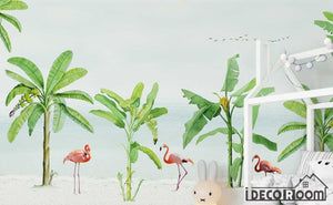 Scandinavian seaside banana tree flamingo wallpaper wall murals IDCWP-HL-000083