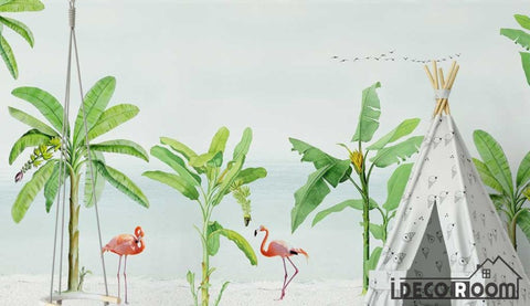 Image of Scandinavian seaside banana tree flamingo wallpaper wall murals IDCWP-HL-000083