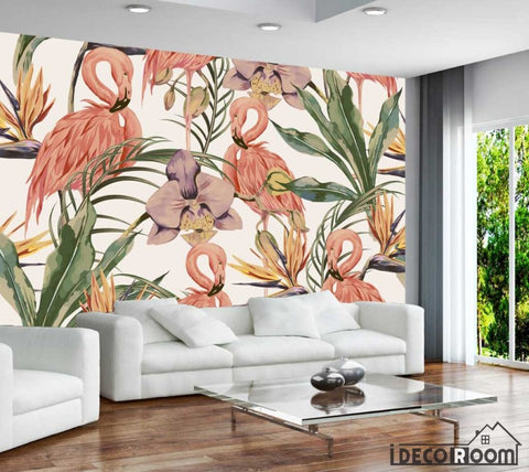 Image of Modern minimalist  rainforest flamingo garden wallpaper fresco IDCWP-HL-000084