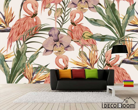 Image of Modern minimalist  rainforest flamingo garden wallpaper fresco IDCWP-HL-000084