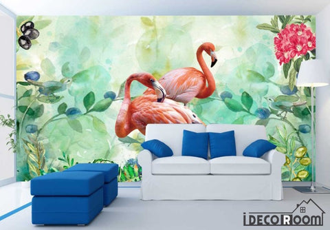 Image of flamingo green plants flowers wallpaper wallpaper wall murals IDCWP-HL-000126