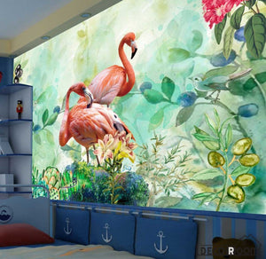 flamingo green plants flowers wallpaper wallpaper wall murals IDCWP-HL-000126