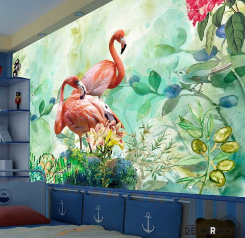 Image of flamingo green plants flowers wallpaper wallpaper wall murals IDCWP-HL-000126