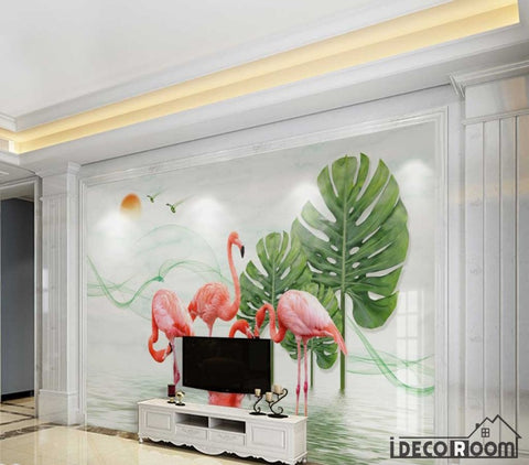 Image of leaves flamingo microcrystalline mosaic marble wallpaper wall murals IDCWP-HL-000127