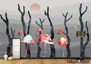 Modern Abstract Ink Painting Trunk Flamingo wallpaper wall murals IDCWP-HL-000136