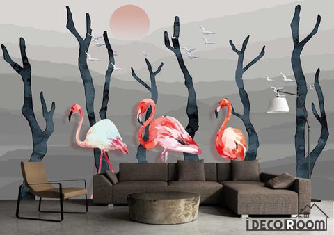 Image of Modern Abstract Ink Painting Trunk Flamingo wallpaper wall murals IDCWP-HL-000136