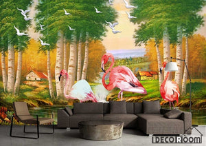 Flamingo oil painting Nordic wallpaper wall murals IDCWP-HL-000142