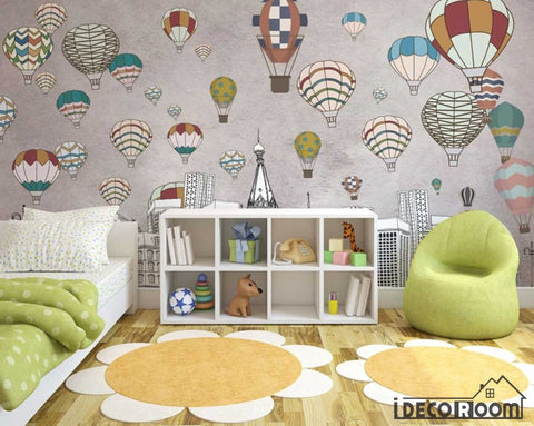 Image of Nordic  geometric city building hot air balloon wallpaper wall murals IDCWP-HL-000156