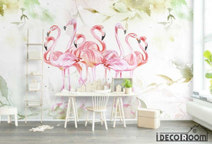 Pink medieval flamingo watercolor plant wallpaper wall murals IDCWP-HL-000166
