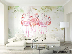 Pink medieval flamingo watercolor plant wallpaper wall murals IDCWP-HL-000166