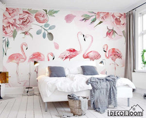 Pink medieval flamingo watercolor rose flower wallpaper wall murals IDCWP-HL-000167