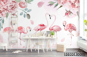 Pink medieval flamingo watercolor rose flower wallpaper wall murals IDCWP-HL-000167