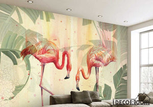 tropical plant leaves flamingo wallpaper wall murals IDCWP-HL-000182