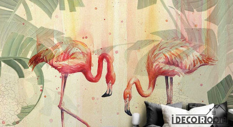 Image of tropical plant leaves flamingo wallpaper wall murals IDCWP-HL-000182