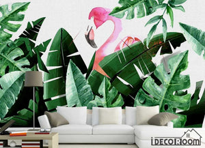 Scandinavian tropical plant banana leaf flamingo wallpaper wall murals IDCWP-HL-000189