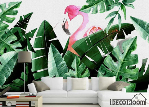 Image of Scandinavian tropical plant banana leaf flamingo wallpaper wall murals IDCWP-HL-000189