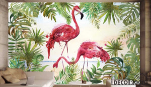 Watercolor  plant green leaf flamingo Nordic wallpaper fresco IDCWP-HL-000191