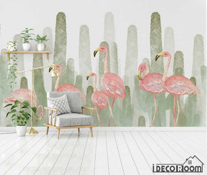 Modern minimalist flamingo plant cactus wallpaper wall murals IDCWP-HL-000200