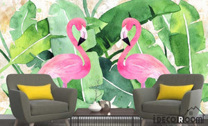 Nordic plantain green leaf flamingo  wallpaper wall murals IDCWP-HL-000220