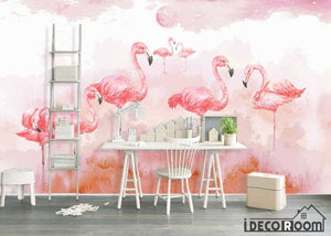 Nordic watercolor flamingos wedding room wallpaper wall murals IDCWP-HL-000235