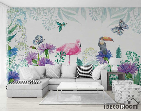 Image of floral flamingo wallpaper wall murals IDCWP-HL-000241