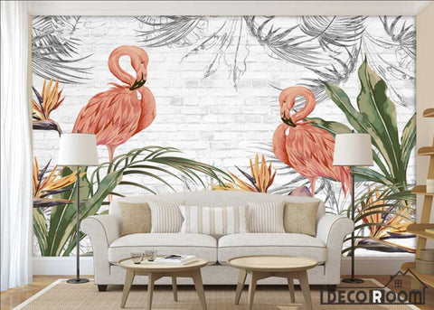 Image of Brick wall flamingo tropical plant wallpaper wall murals IDCWP-HL-000247