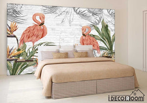Brick wall flamingo tropical plant wallpaper wall murals IDCWP-HL-000247