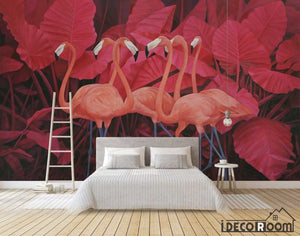 Red tropical plant leaves flamingo wallpaper wall murals IDCWP-HL-000257
