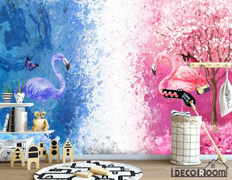 Image of Scandinavian Watercolor Blue Pink Flamingo wallpaper wall murals IDCWP-HL-000268