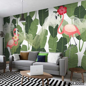rainforest banana leaf flamingo minimalist wallpaper wall murals IDCWP-HL-000269