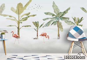 Scandinavian plant seaside banana tree flamingo wallpaper wall murals IDCWP-HL-000271