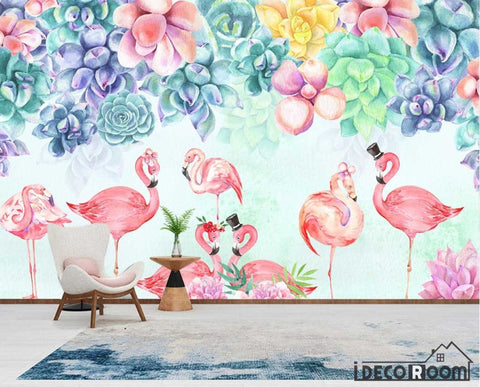 Image of succulent plant cactus flamingo wallpaper wall murals IDCWP-HL-000272