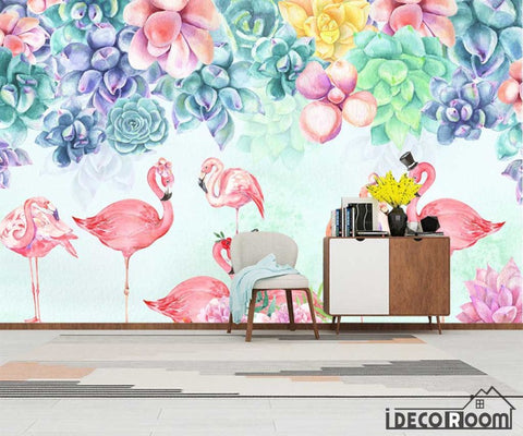 Image of succulent plant cactus flamingo wallpaper wall murals IDCWP-HL-000272