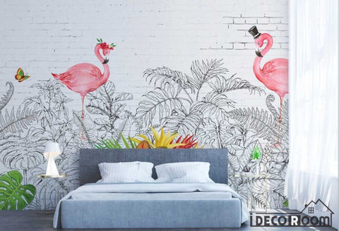 Image of Scandinavian Flamingo Turtle Leaf Plant wallpaper wall murals IDCWP-HL-000279