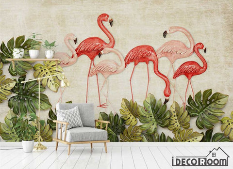 Image of Scandinavian Vintage 3D Flamingo Turtle Leaf wallpaper wall murals IDCWP-HL-000280