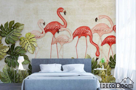 Image of Scandinavian Vintage 3D Flamingo Turtle Leaf wallpaper wall murals IDCWP-HL-000280