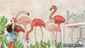 Scandinavian Flamingo Turtle Leaf Plant wallpaper wall murals IDCWP-HL-000282