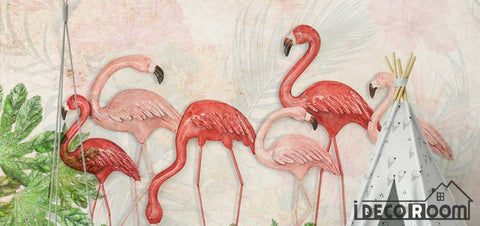 Image of Scandinavian Flamingo Turtle Leaf Plant wallpaper wall murals IDCWP-HL-000282