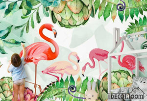 Scandinavian flamingo turtle leaves wallpaper wall murals IDCWP-HL-000290
