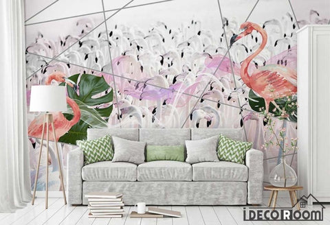Image of Geometric Watercolor Flamingo Turtle Leaf wallpaper wall murals IDCWP-HL-000291