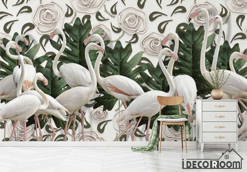 Image of Vintage Embossed Rose Flamingo Turtle Leaf wallpaper wall murals IDCWP-HL-000293