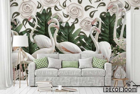 Image of Vintage Embossed Rose Flamingo Turtle Leaf wallpaper wall murals IDCWP-HL-000293