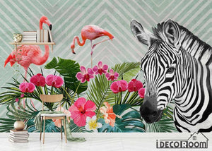 Modern minimalist flamingo zebra tropical plant wallpaper wall murals IDCWP-HL-000297