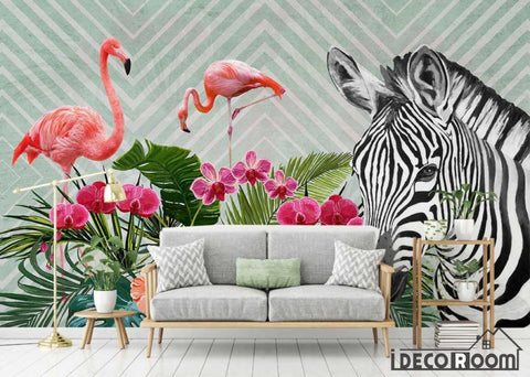 Image of Modern minimalist flamingo zebra tropical plant wallpaper wall murals IDCWP-HL-000297