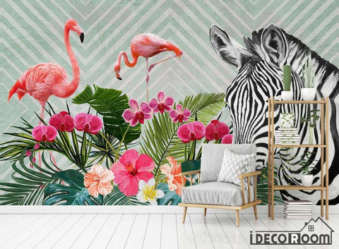 Image of Modern minimalist flamingo zebra tropical plant wallpaper wall murals IDCWP-HL-000297