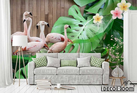Image of Vintage 3D Wood Flamingo Turtle Leaf wallpaper wall murals IDCWP-HL-000303