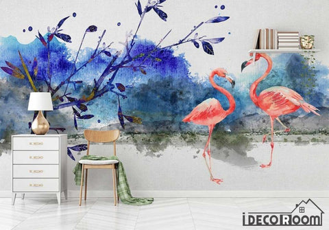 Image of Scandinavian Vintage Flamingo Landscape Painting wallpaper wall murals IDCWP-HL-000307