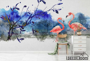 Scandinavian Vintage Flamingo Landscape Painting wallpaper wall murals IDCWP-HL-000307