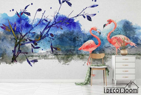 Image of Scandinavian Vintage Flamingo Landscape Painting wallpaper wall murals IDCWP-HL-000307