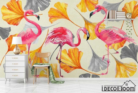 Image of Scandinavian retro flamingo ginkgo leaves  wallpaper wall murals IDCWP-HL-000308